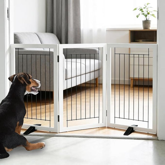 ZJSF Freestanding Dog Gate Indoor, Foldable Dog Fence for Doorways,Hallways or Stairs, Sturdy Wood Extra Wide Pet Gate with Support Feet,White,32 "Height-3 Panels