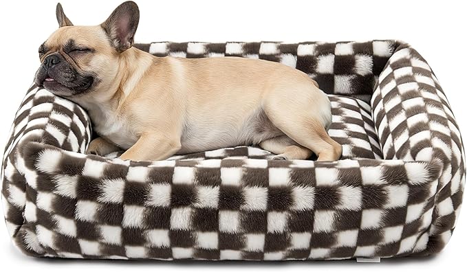JOEJOY Dog Bed for Small Medium Dogs, Removable Washable Cover Orthopedic Soft Faux Rabbit Fur Pet Bed, Anti-Slip Fluffy Plush Puppy Bed, 25"x21"x7", Checkered, Brown