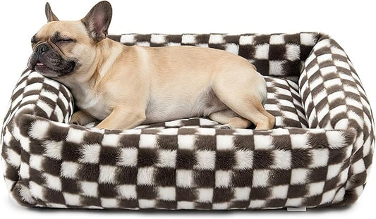 JOEJOY Dog Bed for Small Medium Dogs, Removable Washable Cover Orthopedic Soft Faux Rabbit Fur Pet Bed, Anti-Slip Fluffy Plush Puppy Bed, 25"x21"x7", Checkered, Brown