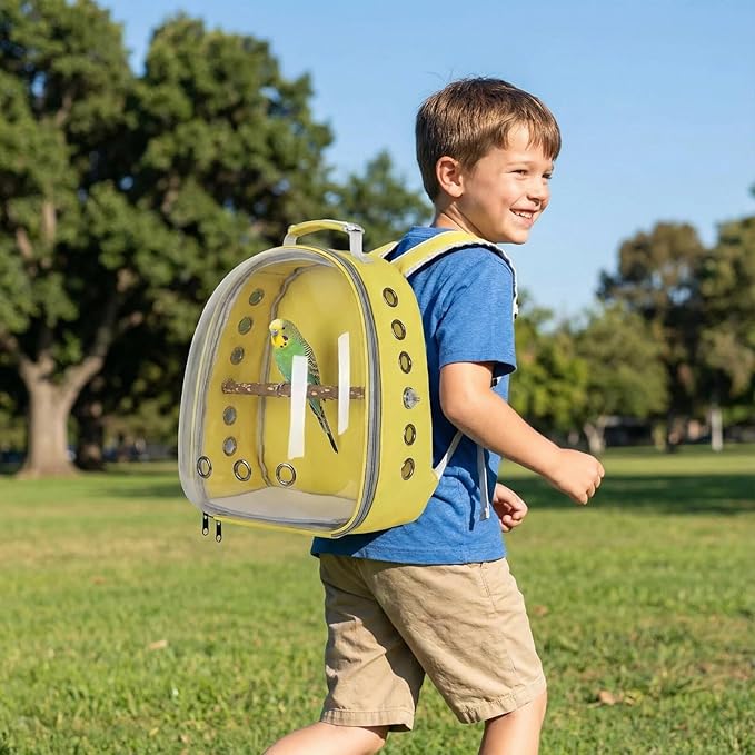 Bird Backpack, Lightweight and Breathable Outdoor Travel Backpack with 12 Breathable Holes, Wooden Pole, Adjustable Shoulder Strap for Birds and Pets (Yellow)