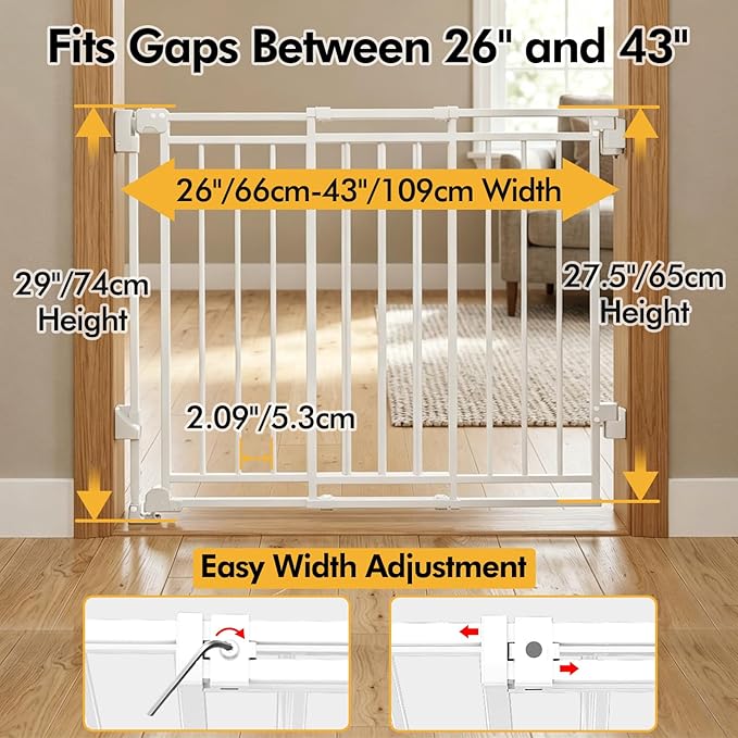 Baby Gate for Stairs & Doorways - Fits Openings 26 to 43 Inches Wide (Must Drill to Install) | 29" Extra Tall with No Bottom Bar | One-Handed Auto-Close Walk-Thru Gate for Kids & Pets, White