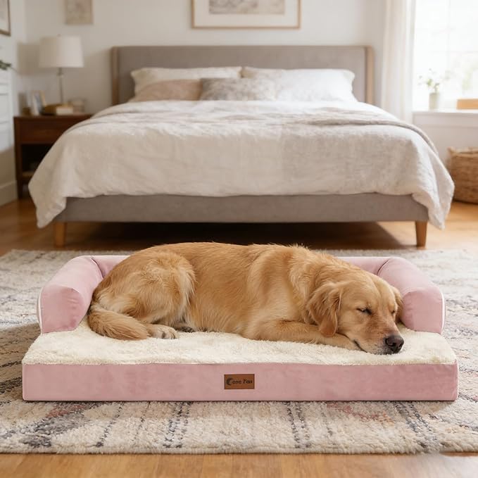 Orthopedic Dog Beds for Large Sized Dogs, Waterproof Egg Crate Foam Medium Dog Couch Beds for Crate 35x22Inch, Washable Pet Beds with Removable Cover and Nonskid Bottom, Pink