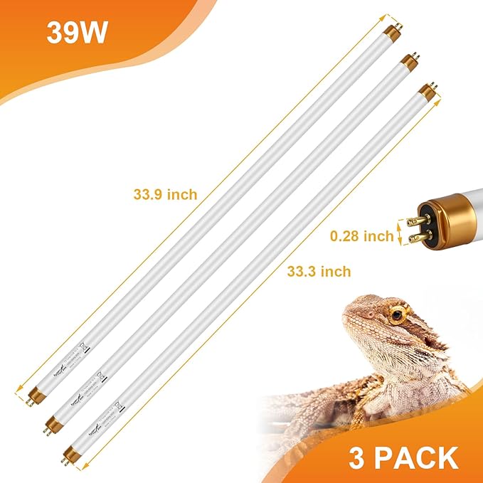 UVB Light for Reptiles Bearded Dragon, 3 Pack T5 UVB Reptile Light UVB Bulb 10.0 39W UVA UVB Reptile Light Bulb Terrarium Light Lamp Tube for Turtle Chameleon Leopard Gecko Snake Tank, 34 Inch