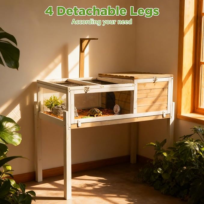 Standing Tortoise Habitat with Lamp Holder in Indoor & Outdoor, Wooden Turtle Enclosure Table with Detachable Legs, Leakproof Tray, Openable Roof for Tortle, Lizard, Chameleon, Grey