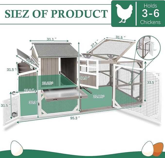 Large Chicken Coop with Run & Wheels, Portable Outdoor Hen House for 3-6 Chickens, 3 Nesting Boxes, Quail Hutch & Poultry Cage, Removable Tray & Ramp (95.3" L Grey)