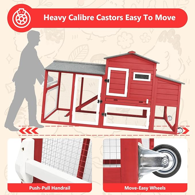 Chicken Coop for 2-3 Chickens, with Large Nesting Box, No-Slip Ramp & Pull-Out Tray, Wooden Poultry Bunny Hutch for Outdoor Indoor