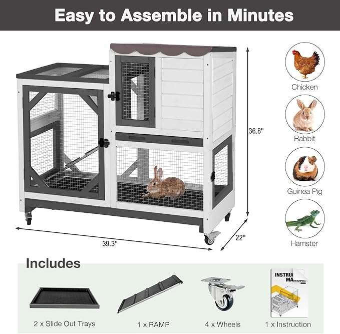 Large Rabbit Hutch Outdoor, 2-Tier Bunny Hutch with Wheels and Waterproof Roof, Wooden Guinea Pig Cage with Leak-Proof Pull-Out Trays, Multi-Door Bunny Cage for Small Animals-Black and White