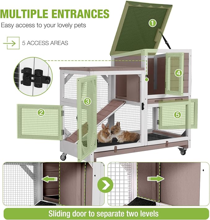 Gutinneen 2-Story Rabbit Hutch Bunny cage Wooden Rabbit Cage Indoor/Outdoor with Chew-Proof Ramp, 2 Leak-Proof Pull-Out Trays, Lockable Wheels for Rabbits, Guinea Pigs, Small Animals (Brown and White)