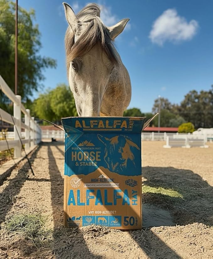 Blue Mountain Hay High-Altitude Alfalfa Hay Easy Flake Box (50 lb),Leafy Texture, High Protein Fiber & Minerals, Easy Storage Feed Solution for Homestead Use