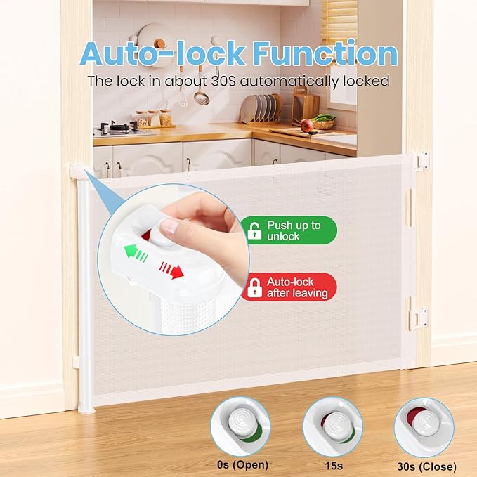 HAMOPY Retractable Baby Gate, 33" Tall, Extends up to 55" Wide, Durable Auto-Lock Baby Gate for Stairs, Mesh Dog Gate and Child Safety Gates for Doorways, Hallways, Indoor, Outdoor(White)