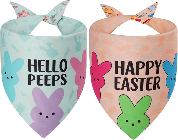 Easter Dog Bandanas Large 2PCS, 4 Pattern Colorful Scarf for Boy and Girl, Triangle Reversible Bibs Breed for Puppy Cats Pets