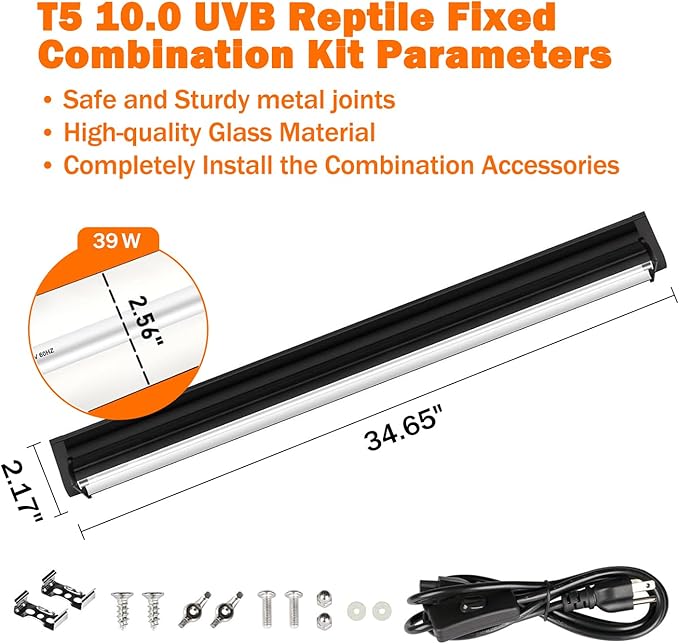 T5 10.0 UVB Reptile Light Fixture, 39W 34" T5 UVA/UVB Fluorescent Tube Bulb for Bearded Dragon, Tortoise, Leopard Gecko, Desert Lizards