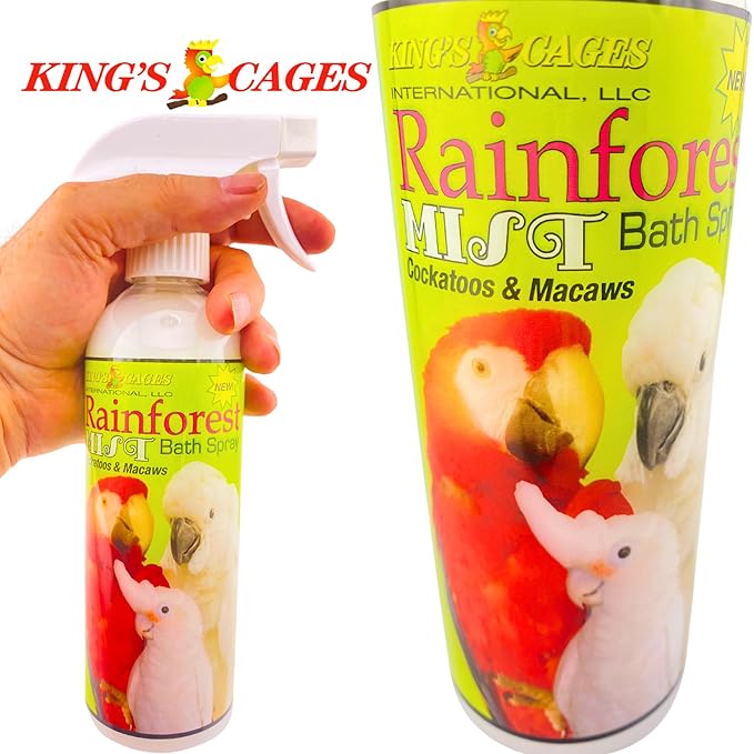King's Cages Rainforest Mist White Spray 17 oz. Feather Conditioning Bath Mist with Vanilla Scent for Cockatoos and Macaws Parrots