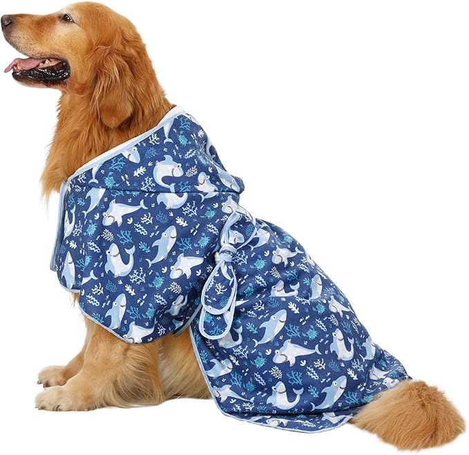 HDE Dog Bathrobe Super Absorbent Quick Drying Puppy Towel Wrap Coat Adjustable After Bath Robes with Hood for Dog Sizes S-XXL Sharks XXL