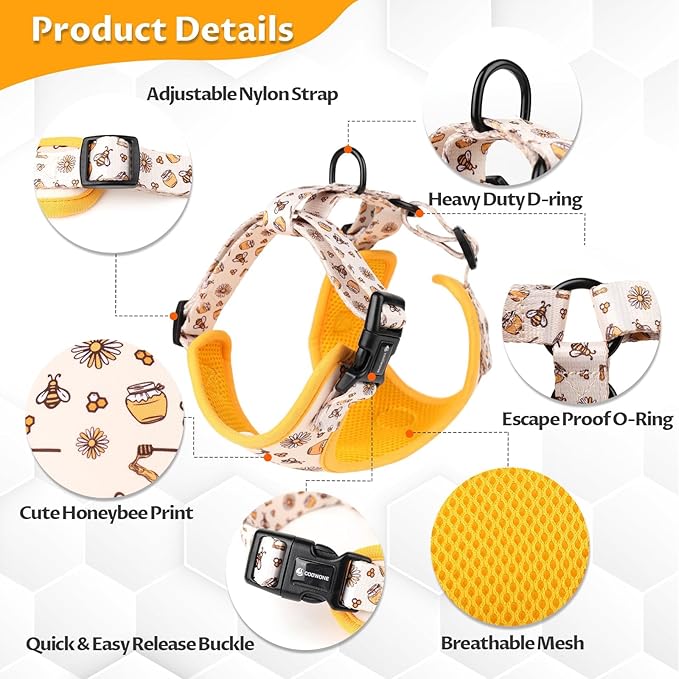 Dog Cat Harness and Leash Set, Puppia Soft Mesh Padded and Adjustable Puppy Vest Cute Dog Clothes Escape Proof Easy Walk Pet Accessories (Honeybee, XS (Neck 9"-11"; Chest 11"-13"))