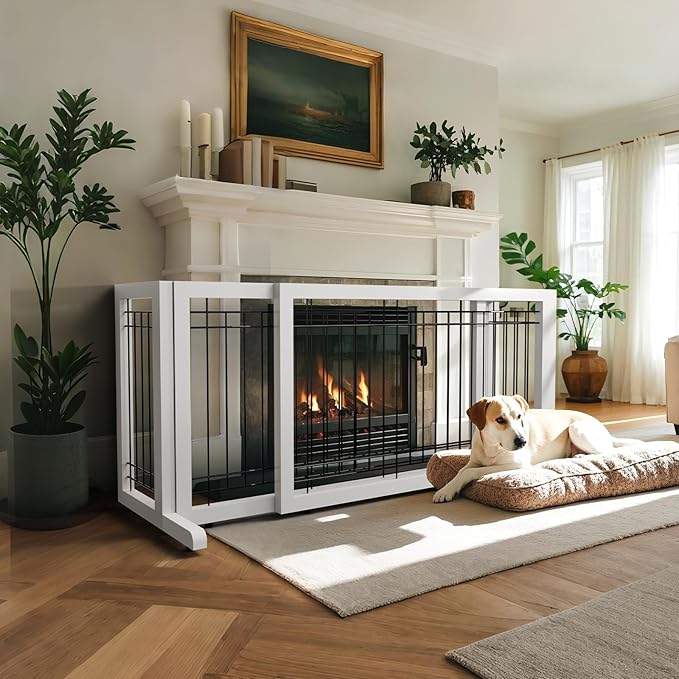 Bonnlo Free Standing Dog Gate, 37" - 68" Wide Pet Gate for Fireplace Stairs Doorways, Wooden Adjustable Pet Fence Indoor, Christmas Tree Gate (White)