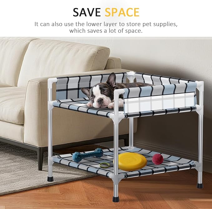 Bedside Window Dog Bunk Bed - Double Elevated Human Dog Bed with Guardrail 2 Layers Window Perch Dogs Cot 2-Tier Bedside Sleeper for Multi-Pet Households (20'' x 20'' x 25'')