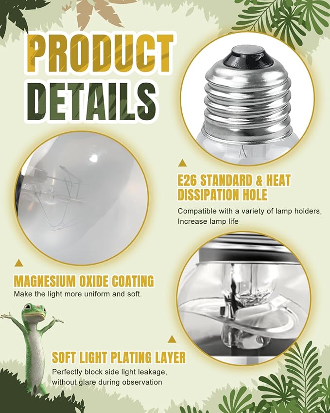 Heat Lamp Bulbs, 125 Watt Reptile Heat Bulb, Full Spectrum UVA UVB Light Bulb, Natural Daylight, Basking Spot, Sun Light for Reptile and Amphibian, Pack of 2