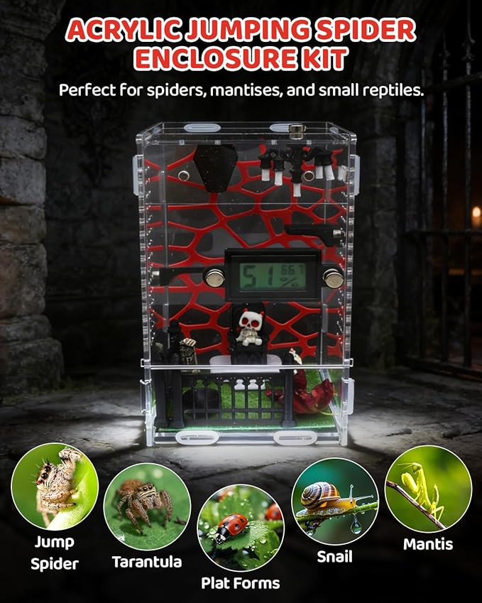 DIY Jumping Spider Enclosure, 4.7"x4.7"x7.9" Escape Proof Spider Terrarium, Small Reptile Acrylic Accessories Set, with Temperature and Humidity Detector, Platform and Hide, Tweezer, Feeding Bowl