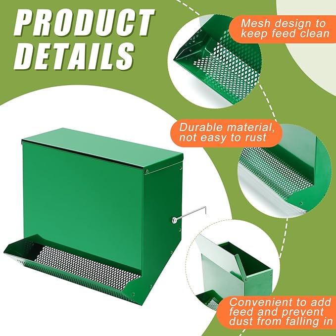 Maxcheck 2 Pcs Rabbit Feeder for Cages Small Animal Food Pellet Dispenser with Lid Metal Chicken Grit Oyster Shell Squirrel Feeders Outside(11.8 Inches,Mesh Bottom,Green)
