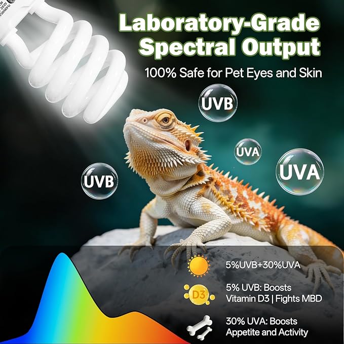 UVB Reptile Light 5.0: 26W Tropical & Subtropical UVA UVB Reptile Light Bulb, UVB Light for Reptiles Compact Fluorescent Terrarium Lamp,UVB Bulb for Chameleon Turtle Gecko Include UV Sensor Card