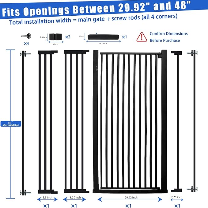 SHYUJAJIE 55 Inch Extra Tall Pet Gate for Cats,29.92"-48" Adjustable Wide Dog Gates,Pressure Mounted Walk Through Tall Pets Gate for Doorways,Hallway,Stairs(Black)