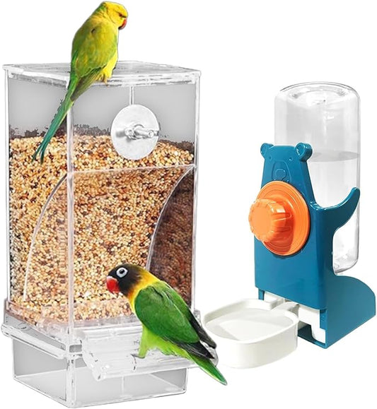 Clear View Bird Feeder and Water Dispenser Set with Detachable Trays for Finches, Parrots ABS Construction 2PC Large Capacity Treat Dispenser