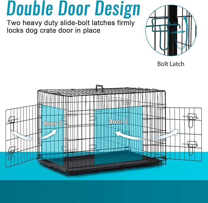 FDW 24-Inch Dog Crate for Small Dogs, Double Door Folding Metal Wire Pet Kennel with Divider Panel & Leak-Proof Plastic Tray, Black