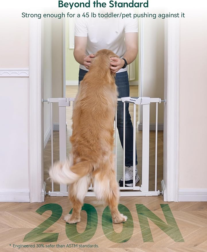 Babelio Metal Baby Gate, 29-48" Auto Close Easy Install Pet Gate, Extra Wide Walk Thru Child Safety Gate, Pressure Mounted Dog Gate for Doorways & Stairs, with Y Spindle Rods, White