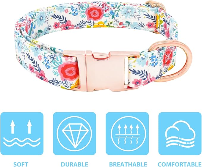 Dog Collar and Leash Set Girls Adjustable Puppy Collars with Floral Bow Tie for Small Medium Large Female Dogs, Teal Flower, M