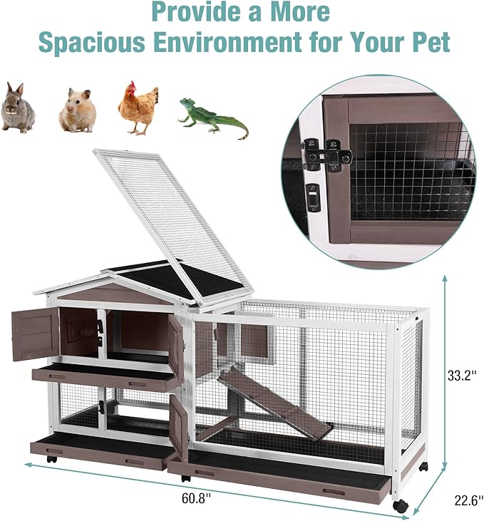 Suumerpety Rabbit Cage,Indoor Rabbit Hutch with Matel Frame and Pull Out Tray,Bunny Hutch Chicken Coop with Run (Brown)