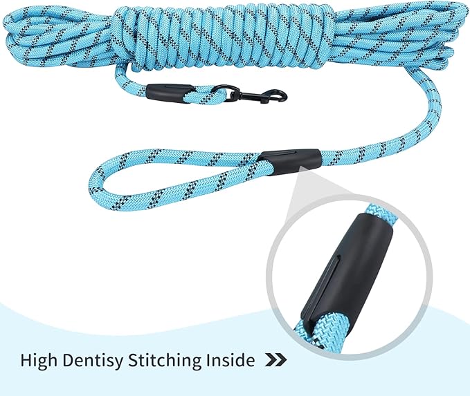 Long Dog Leash for Training 30Ft-Reflective Nylon Rope with Swivel Hook-Recall Agility Lead for Large Small Medium Dogs Outside Walking Hiking-Sky Blue Diam 1/2"