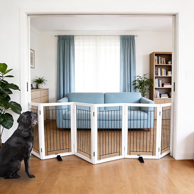 ZJSF Freestanding Dog Gate Indoor, Foldable Dog Fence for Doorways,Hallways or Stairs, Sturdy Wood Extra Wide Pet Gate with Support Feet,White,32 "Height-6 Panels