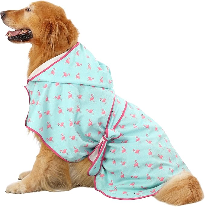 HDE Dog Bathrobe Super Absorbent Quick Drying Puppy Towel Wrap Coat Adjustable After Bath Robes with Hood for Dog Sizes S-XXL Flamingos L