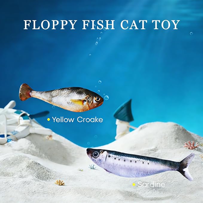 Realistic Floppy Fish Cat Toy with Catnip Toys for Cats Interactive Cat Toys for All Breeds Tap-Activated 3 Flapping Mode Sardine/Yellow Croaker,7.1 Inches,with Catnip,Rechargeable - Image 2