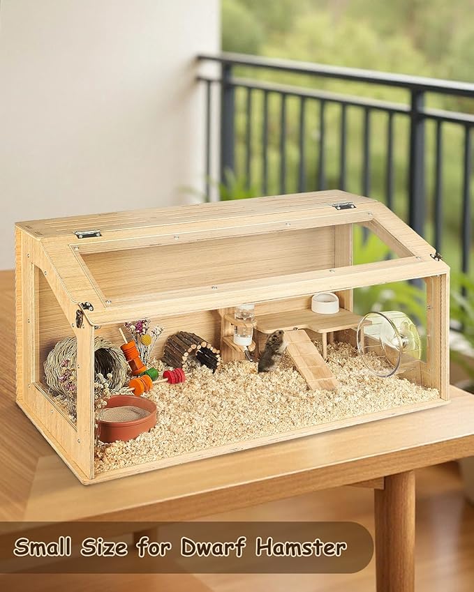 Large Wooden Hamster Cage, 31.5" Portable Habitat with Acrylic Panels & Openable Top, Includes Water Bottle, Fences and Platform for Syrian Hamsters, Dwarf Hamsters, Gerbils