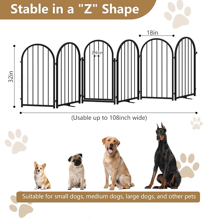 PUPETPO Full Metal Dog Gate with Door for Indoor Outdoor, 32" Tall Free Standing Pet Dog Fence, 108" Extra Wide Pet Gates for Stairs, Hallways, Doorways, Kitchen, Decks, Yards (Black, 6 Panels)