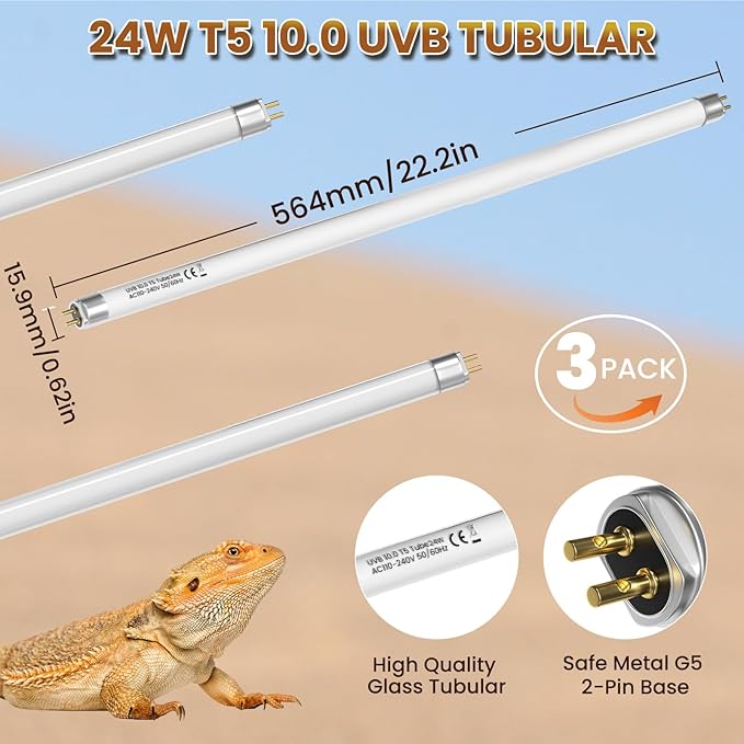 Lustaled T5 10.0 UVB Reptile Light Bulb 24W, 22 Inch T5 HO UVB Light for Bearded Dragon, 3-Pack Desert Reptiles D3 UVA UVB Lamp Tube Bar for Lizard, Snake, Gecko, Tortoise, Chameleon, Terrarium