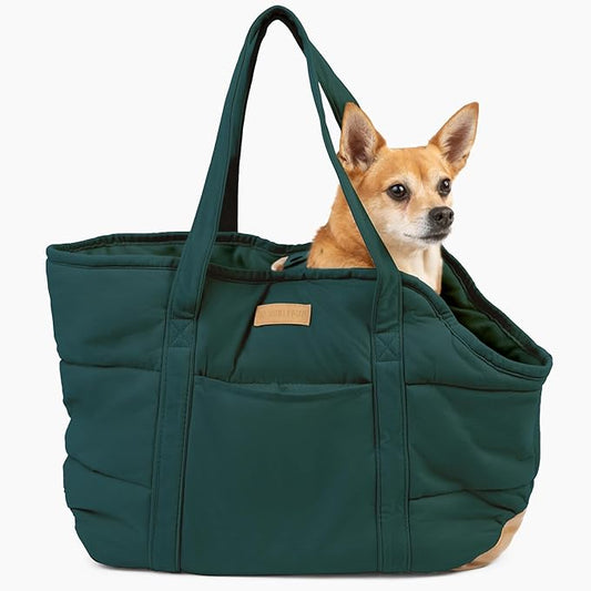 Plush Dog Purse Carrier for Small Dogs, Soft Dog Tote Bag with Safety Harness Clip, Cozy Pet Carrier for Dogs Under 15 lbs, Comfortable Dog Shoulder Carrier for Travel, Green
