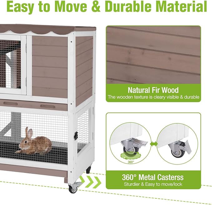 Rabbit Hutch Indoor Outdoor, 2-Story Bunny Cage with Wheels, Wooden Rabbit House with Leakproof Trays, Rain Cover, Guinea Pig Cages with Chew-Proof Ramp (Brown)