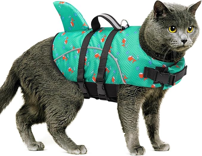 Queenmore Cat Life Vest, Extra Small Dog Shark Life Jacket, XXS Tiny Dog Vest for Swimming and Boating, Lightweight Puppy Swimming Vests for Small Dogs and Cats with Rescue Handle/Leash Hook