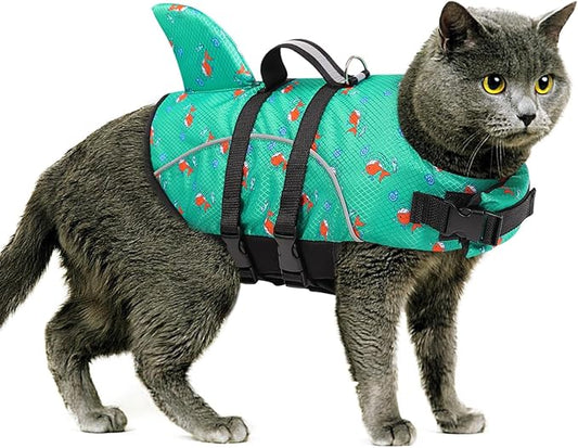 Queenmore Cat Life Vest, Extra Small Dog Shark Life Jacket, XXS Tiny Dog Vest for Swimming and Boating, Lightweight Puppy Swimming Vests for Small Dogs and Cats with Rescue Handle/Leash Hook