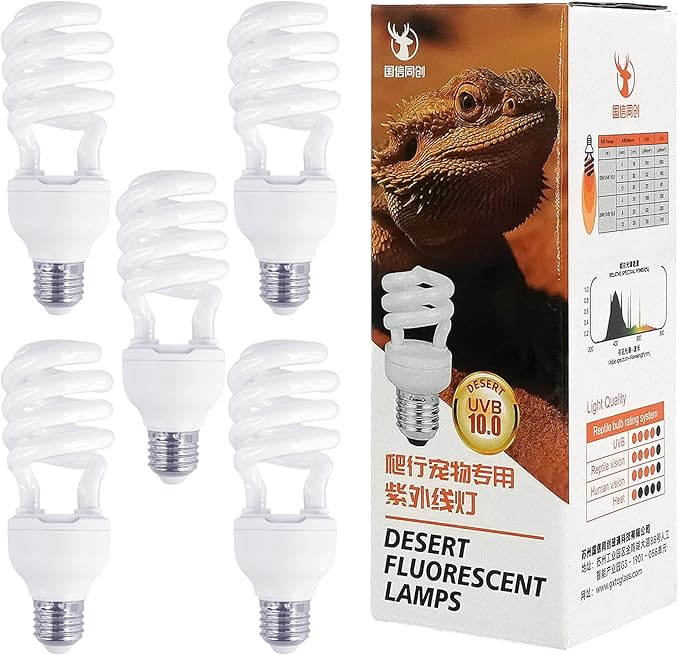 5 Pcs Uvb Reptile Light 10.0 26 W Compact Fluorescent Simulation Color Uvb Bulb for Turtle Bearded Dragon Lizard Gecko Desert Tropical Sub Tropical Reptiles