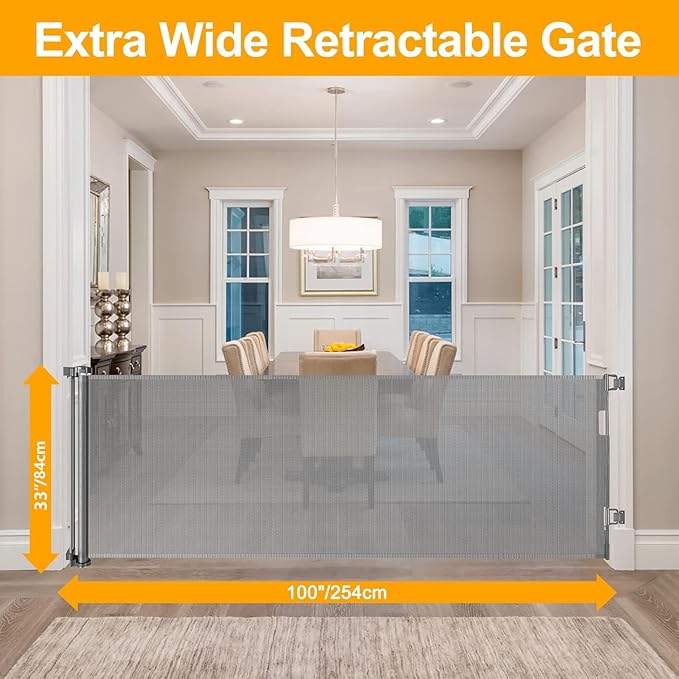33" Tall Baby Gate for Doorway Retractable Mesh Gates for Kids or Pets Anti-Climb 100" Wide Baby Gates for Large Openings Scratch-Resistant Retractable 8.3ft Extra Wide Outdoor Dog Gate Indoor, Gray