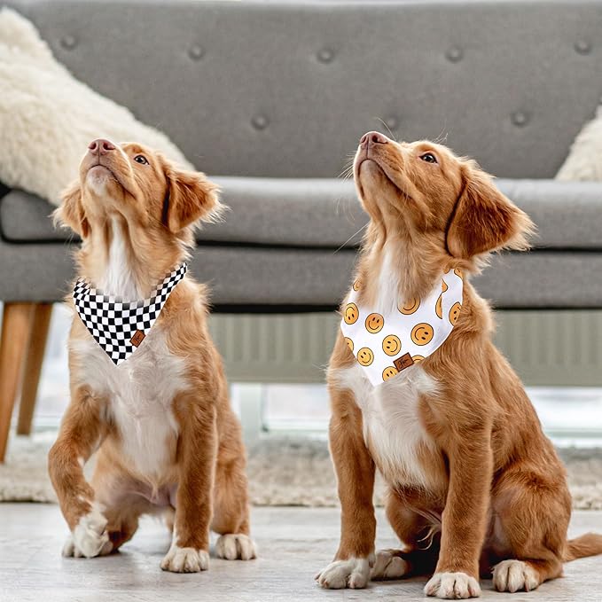 JarThenaAMCS 2Pcs One Happy Dude Dog Bandana Boho Smile Face Checkerboard Print Fabric Pet Scarf Medium Sizes Adjustable Pet Neckerchief Bibs for Cat Dog Birthday Costume Accessories