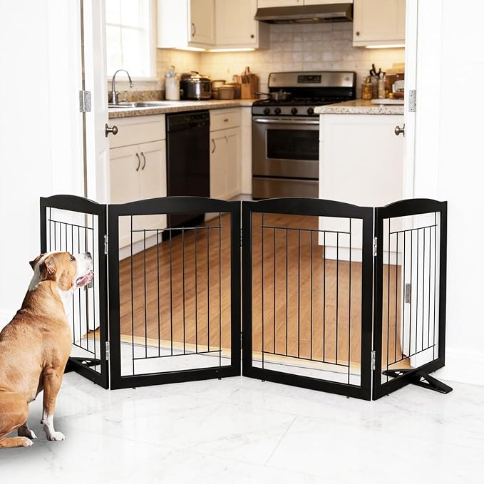 ZJSF Freestanding Dog Fence Indoor, Foldable Dog Gate for Doorways, Stairs or Hallways, Sturdy Wood Extra Wide Pet Gate with Support Feet for The House, Black, 24 "Height-4 Panels