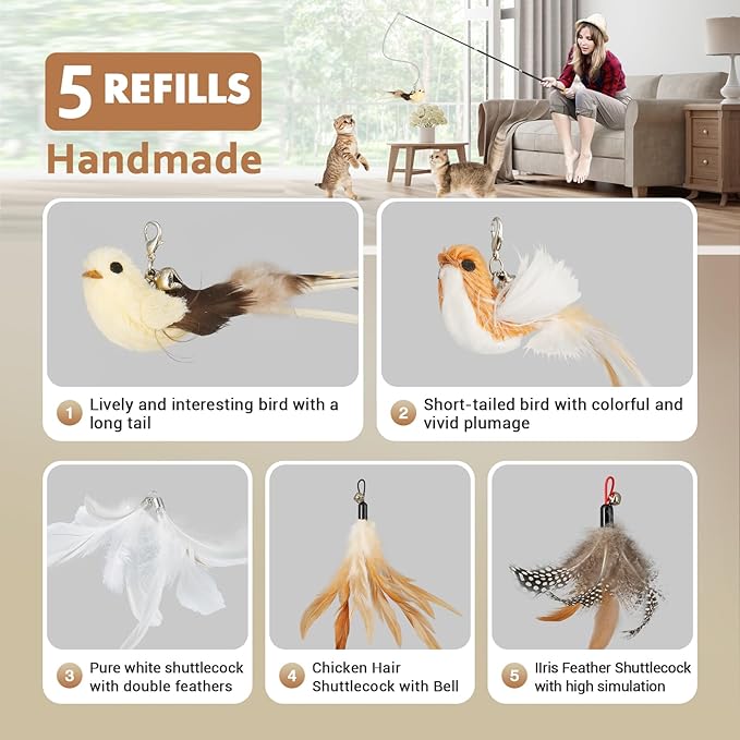 ROSAUI Cat Teaser Wand Toys, Interactive Bird Toys for Indoor Kittens, 42.15?€??€? Long Cat Fishing Pole Toys, 2Pcs Wires and 5Pcs Natural Refills, Sustainable Wooden Handles, Exercising, Playing - Image 5