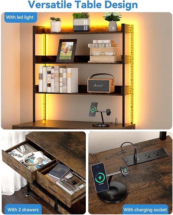 Petrova 40" Dog Crate Furniture with LED Light & Power Outlets, Heavy Duty Indoor Dog Kennel for Small/Medium Dogs, Wooden Dog Cage with Open Shelves, Storage Drawers, Lockable Wheels, Brown
