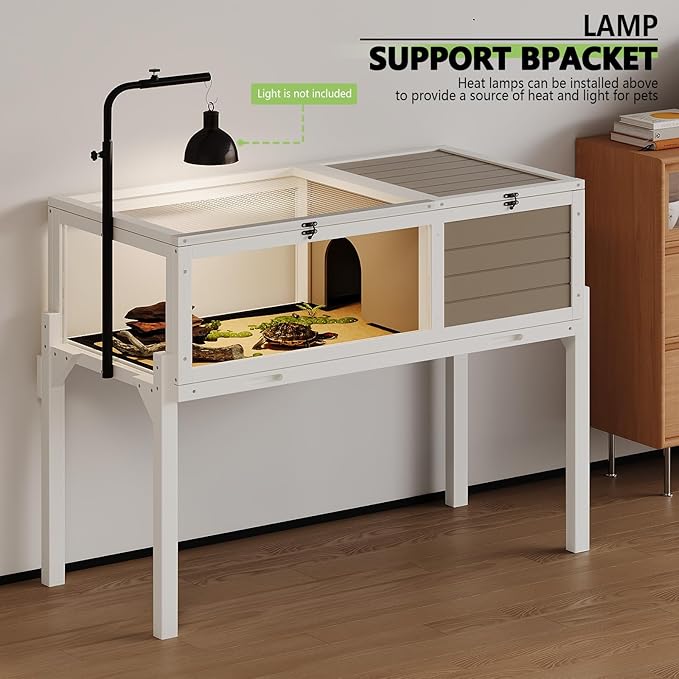 PRETZI Tortoise Habitat with Detachable Legs, Wooden Tortoise House Reptile Cage for Small Animals, Turtle Cage Reptile Terrarium with Lamp Holder (White)