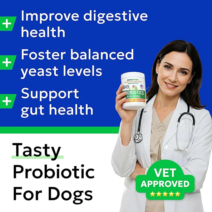 BARK&SPARK Dog Probiotics & Digestive Enzymes (Gut Health) Allergy & Itchy Skin - Pet Diarrhea Gas Treatment Upset Stomach Relief, Digestion Health Prebiotic Supplement Dog Treats (240Ct Chicken)